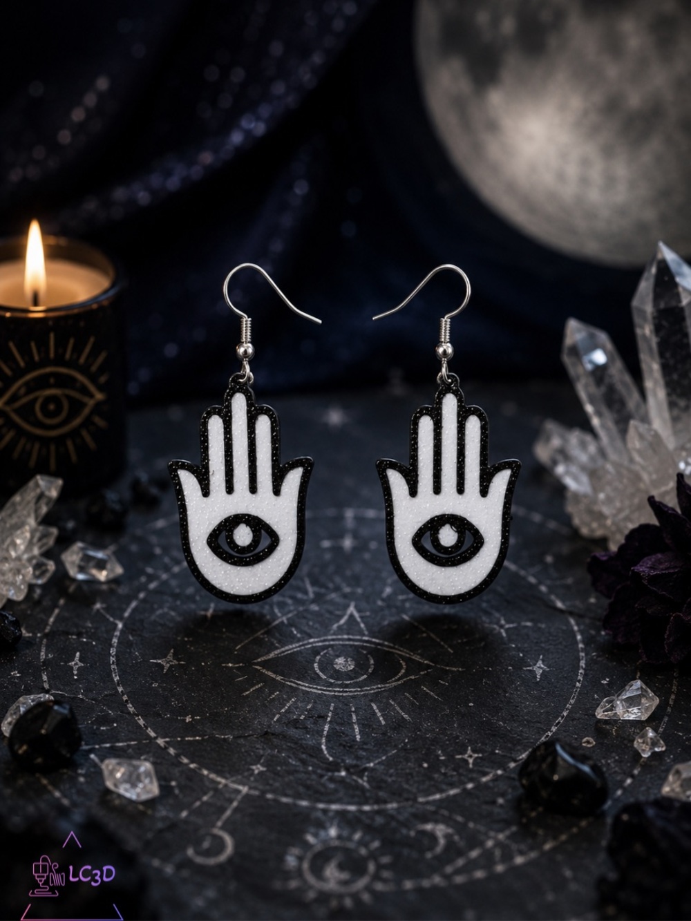 Hamsa Hand Eye Dangle Earrings - Black & White
